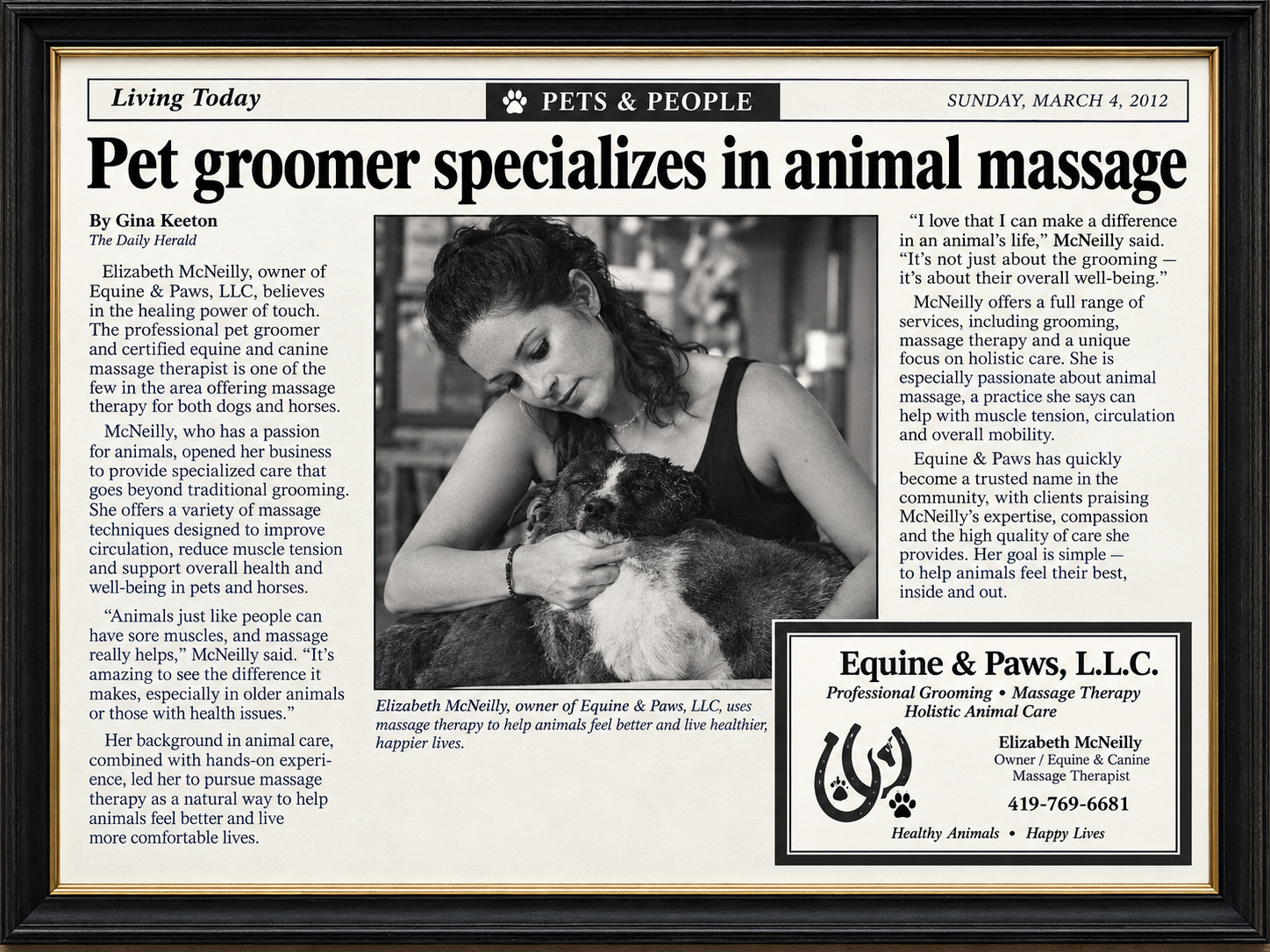 The Daily Herald — Pet groomer specializes in animal massage — Elizabeth McNeilly, Equine & Paws LLC