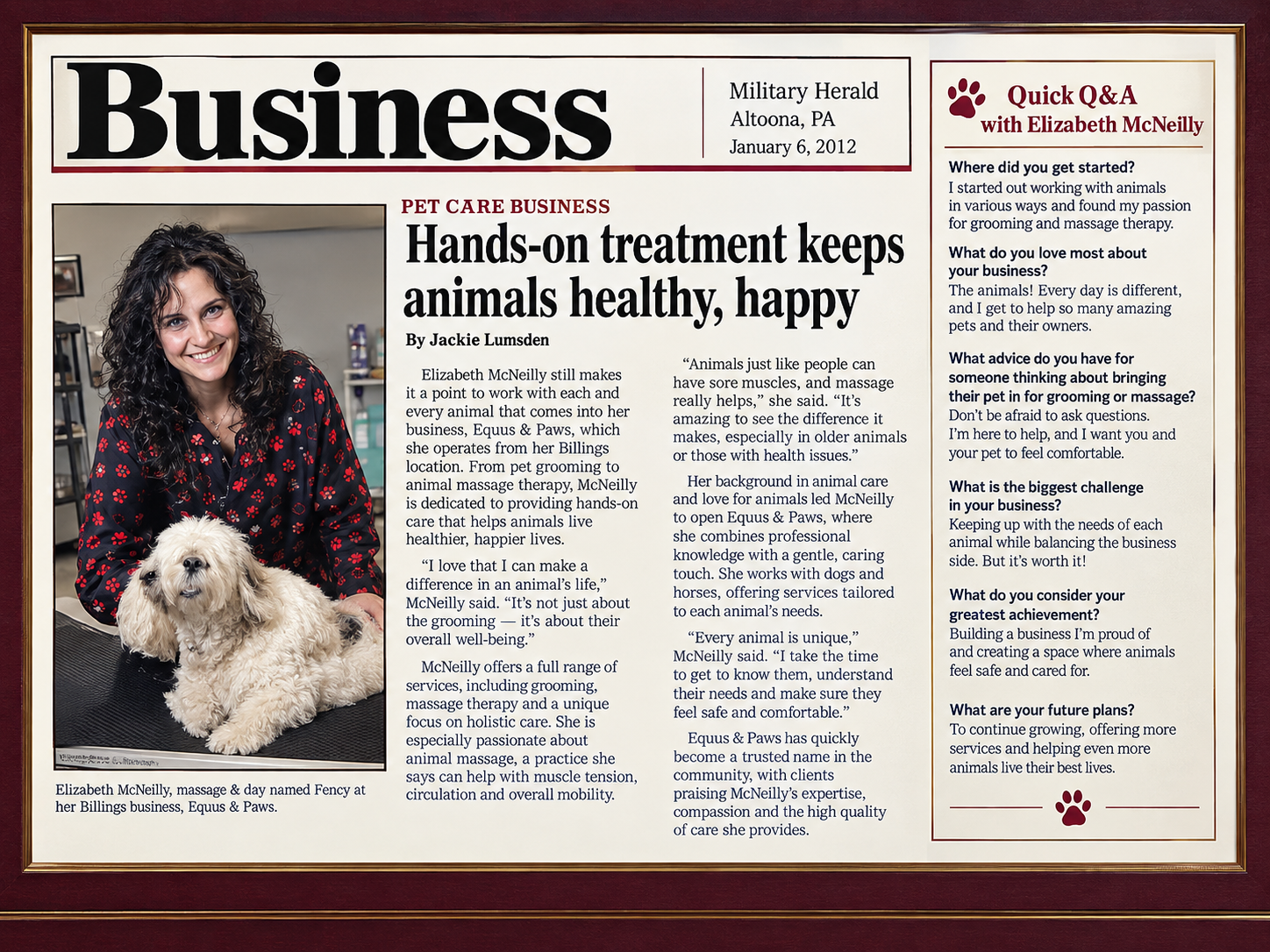 Military Herald, Altoona PA — Hands-on treatment keeps animals healthy, happy — Elizabeth McNeilly